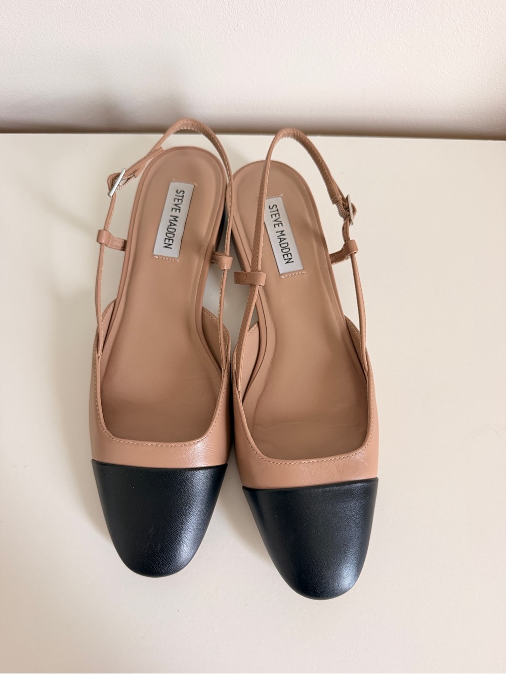 Steve Madden Nude and Black Cap-Toe Slingback Flats